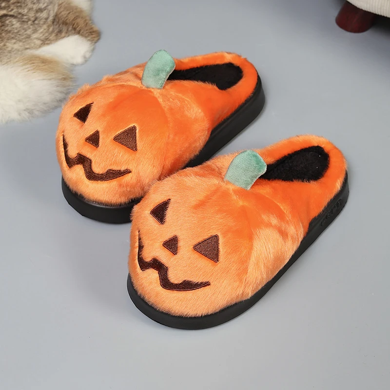 Halloween 3D-Kürbis-Plüsch-Hausschuhe für Damen, Winter-Plateau-Pantoletten, rutschfeste, flauschige Fell-Slides für drinnen, Unisex, für Feiertage und Partys – Detail 14
