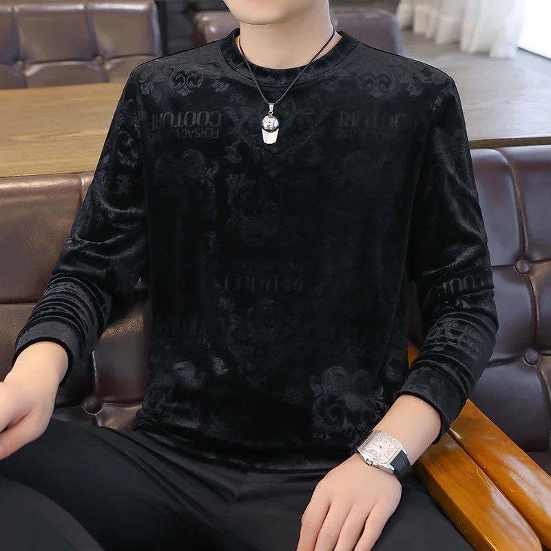 Fall New Velvet Gold Velvet Ruihua Pattern Casual Men's Long Sleeve Crew Neck T-Shirt