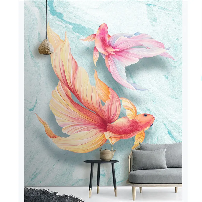 

Modern Minimalist HD Mural Wallpaper 3D Hand-painted Colorful Guppies Light Blue Background Wall Painting Wall Papers Home Decor