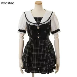 Japanese Gothic Y2k Lolita Plaid Dress Shorts Set Women Sweet Bow Sailor Collar Puff Sleeve Party Dresses Female A-Line Dress