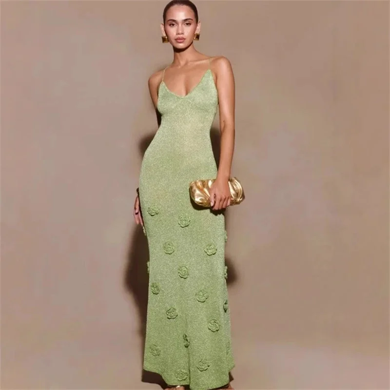Solid Color Knit Bodycon Dress, Summer V-Neck Slip Dress Women's Sleeveless Maxi