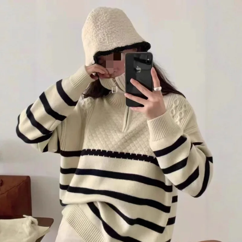 

2025 Zippered Half-Closed Collar Pullover Knitted - Fall/Winter Style - Cross-border Blending Stripes Design - Woolen Sweater