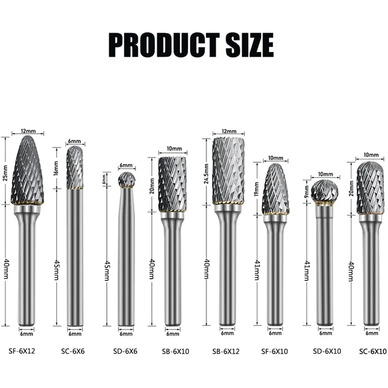 Set di frese in metallo duro da 8 pezzi punte per smerigliatrice a doppio taglio in acciaio al tungsteno con gambo da 1/4 di pollice, fresa rotante in carburo per la lucidatura