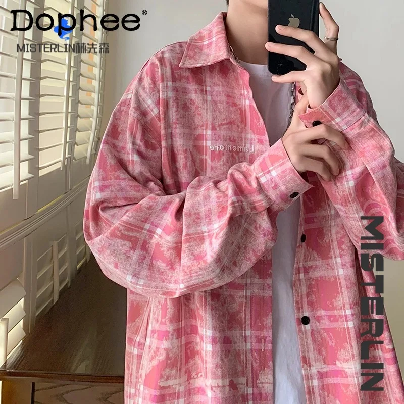 

2025 Spring and Autumn New Fashion Trend Tie-Dye Plaid Shirt Embroidered Loose Casual Long Sleeve Turn-Down Collar Shirt for Men