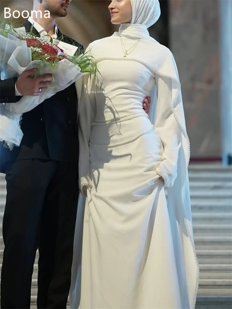 Booma حورية البحر لؤلؤ طويل فساتين زفاف بسيطة كم طويل مطوي فستان عرائس أنيق مصنوع حسب الطلب 2025