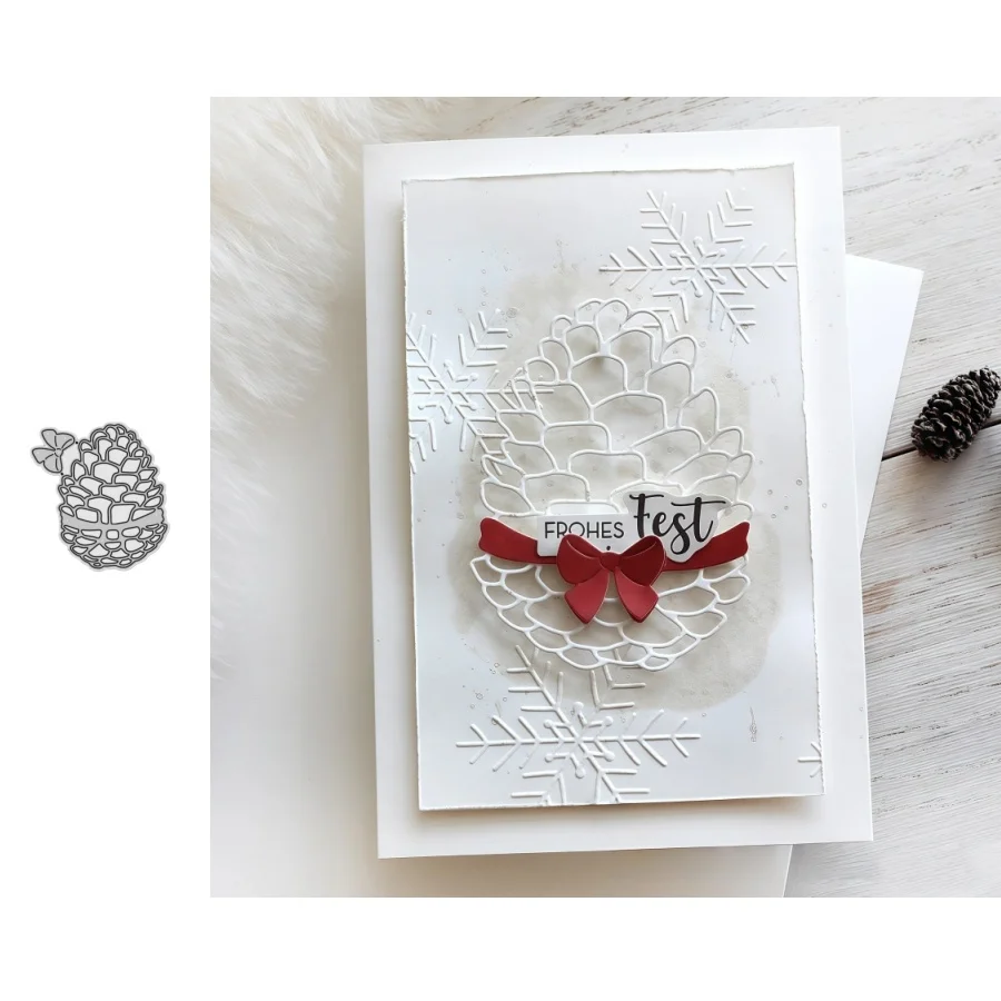 Tannenzapfen gebunden mit Schleifen, Metall-Stanzformen für DIY Scrapbooking, Kartenherstellung, Schablonen, Prägung, Basteldekoration