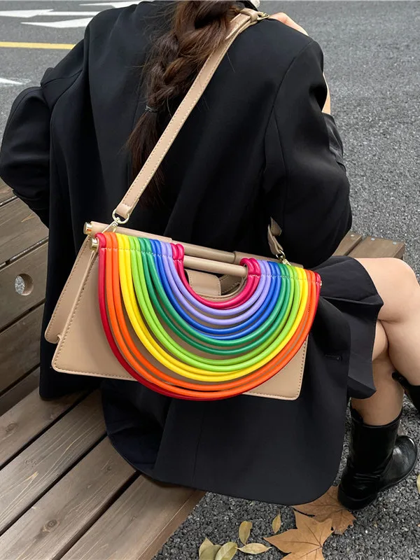 

Легкие роскошные модные персонализированные радужные кисточки с подвеской, украшения, горизонтальные квадратные сумки через плечо для женщин, модные