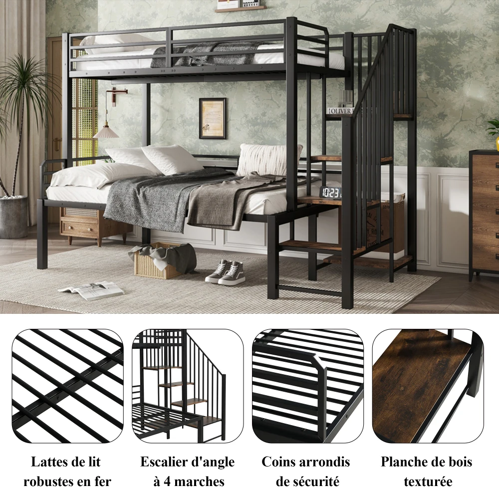 PINGGO Eisen-Etagenbett für Kinder und Jugendliche mit Stauraum-Eckschrank, Eisen & MDF, Schwarz Vintage-Holz, 90x200cm 120x200cm, ohne Matratze – Detail 10