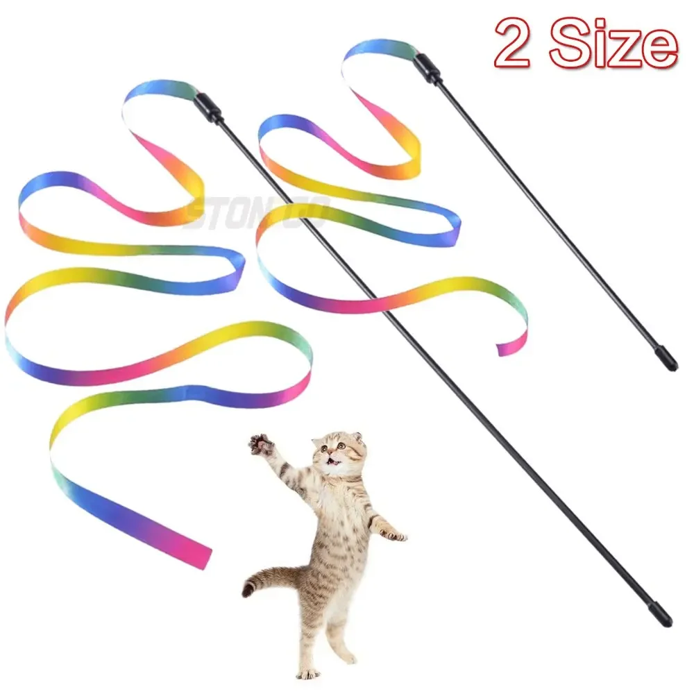 Pet Interactive Toy, Double-Sided Rainbow Ribbon Cat Stick, Funny Cat Teaser Toy, Durable and Safe Cat Supplies for Playtime