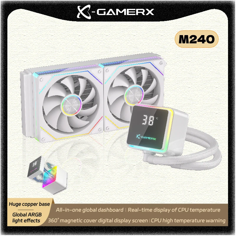 PowerTrain X-GAMERX M240 Water Cooler 240mm Global ARGB Light Effects 12V 360° Magnetic Cover Digital Display Screen 26.9dB
