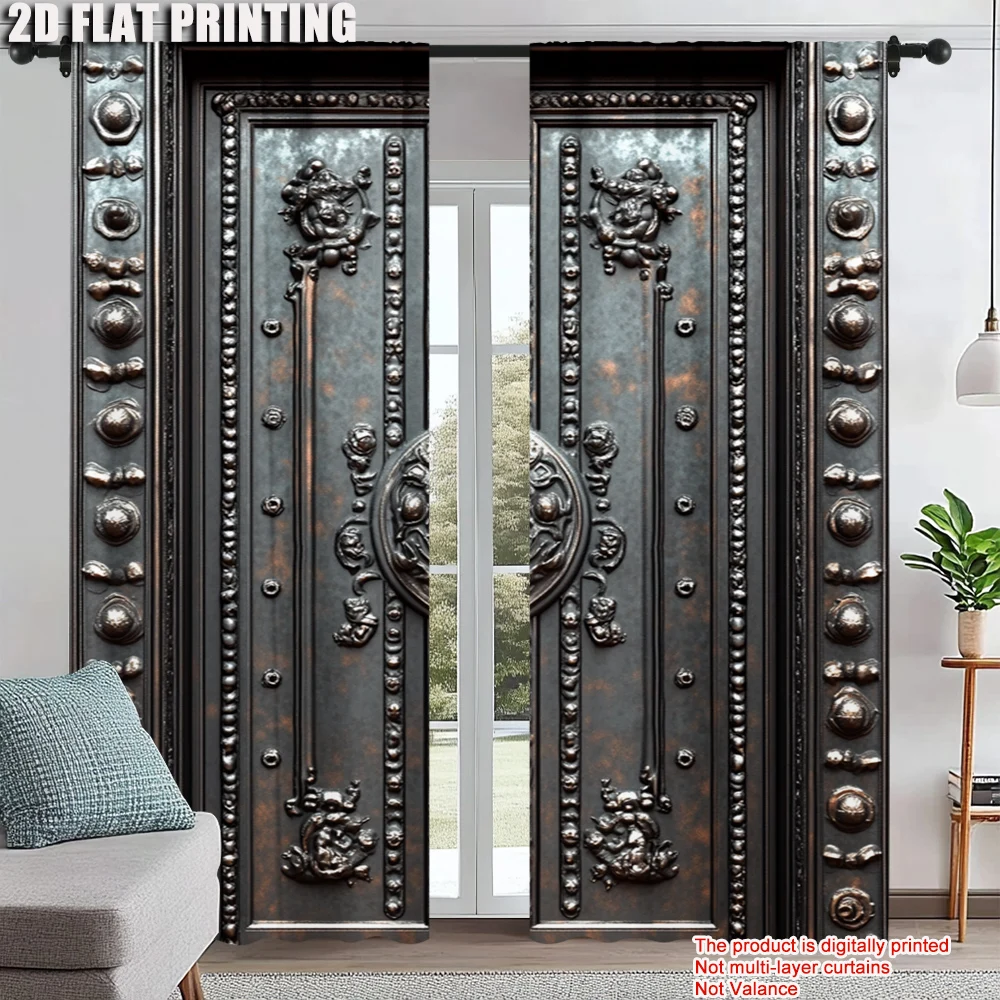

2Pcs Door Pattern Digital Printed Window Curtain For Living Room Bedroom Decoration Polyester Material Machine Washable