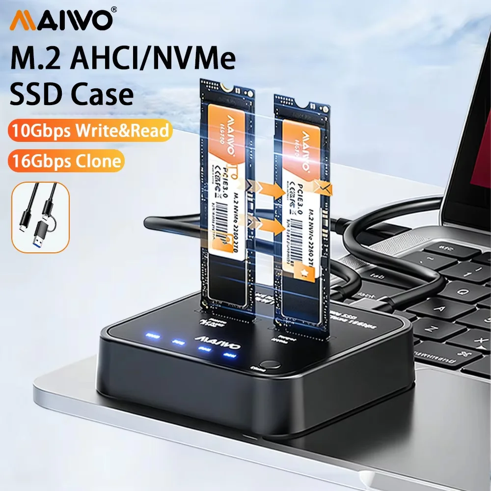 maiwo-case-per-ssd-m2-nvme-dual-bay-usb31-type-c-gen2-supporta-clonazione-offline-a-16gbps-scrittura-e-lettura-a-10gbps-per-pc-e-laptop