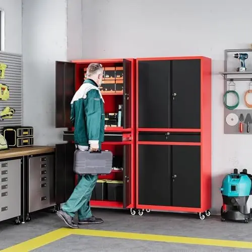 Metal Garage Storage Cabinet with Wheels,Rolling Tool Cabinet with Adjustable Shelves and Drawer for Garage Home
