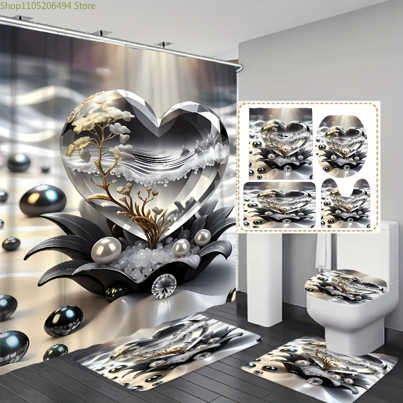 

1pc/3pcss/4pcss Diamond Heart & Pearl Pattern Bathroom Set with Shower Curtain, 3pcs/4pcs Set, Polyester, Machine Washable, Wo