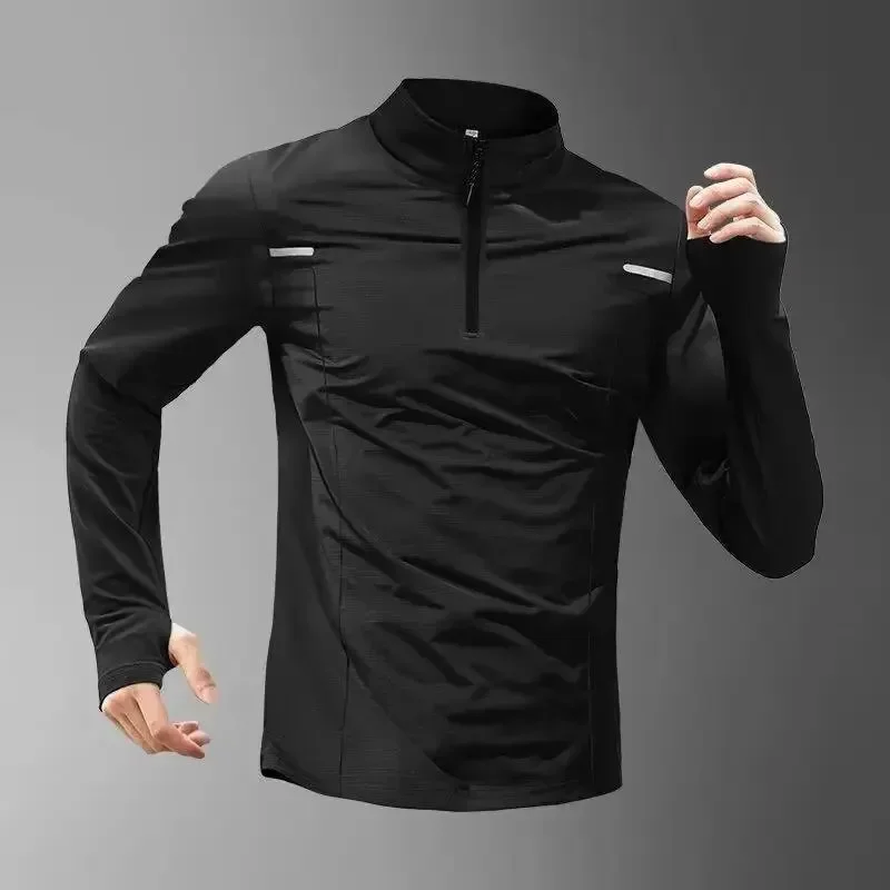 Men's Long Sleeve Training T-Shirt Half Zip Running Fitness Black Autumn New Style American Sports Top Quality Material