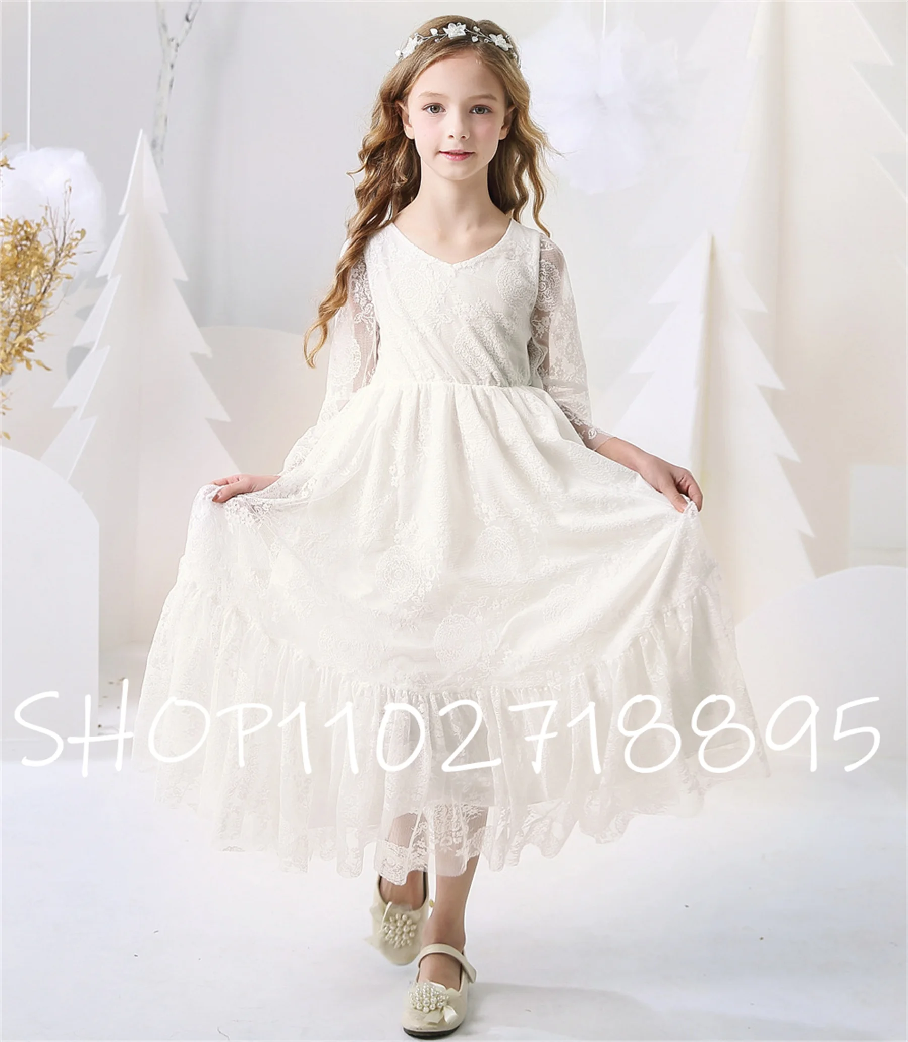 

2-12 Year Flower Girl Dresses White Beige Long Sleeve Summer Dress Communion Toddler Kids Christening Wedding Bridesmaid Clothes