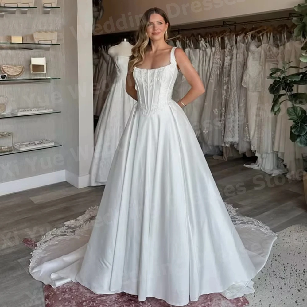 Graceful A Line-vestidos De Novia con tirantes finos para mujer, Vestido De Novia con Apliques De encaje, vestidos De Novia personalizados