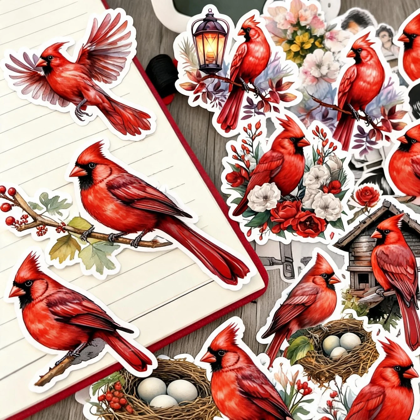 20/40pcs homemade Watercolor painting of a cardinal, a Christmas bird planner book stickers, handwriting book, DIY photo albums