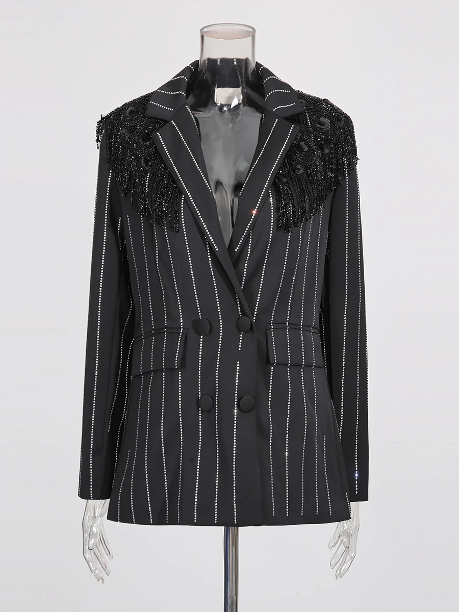 TWOTWINSTYLE التخسيس تقسم مخطط خندق بليزرات للنساء التلبيب طويلة الأكمام المرقعة شرابات موضة السترة الإناث جديد