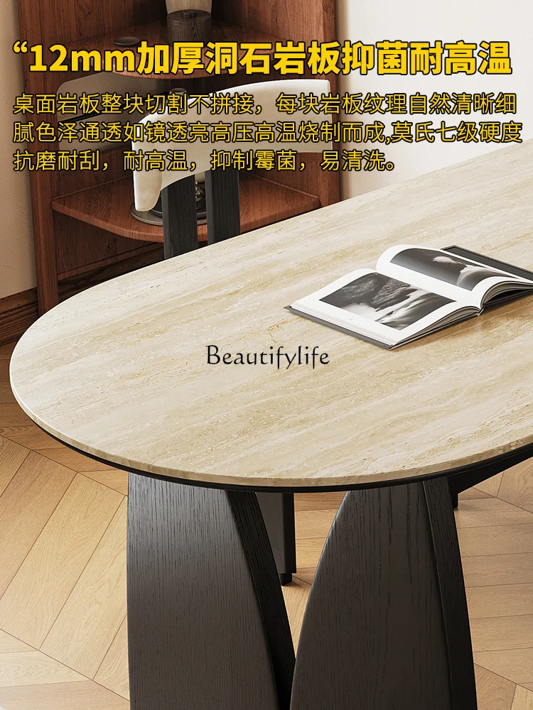 Black solid wood oval dining table minimalist French retro ash wood small apartment