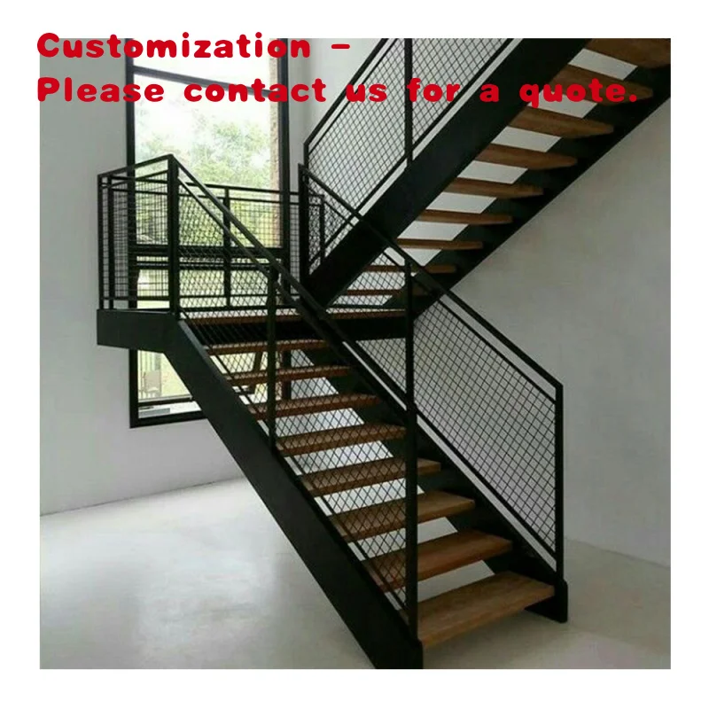 

custom.Indoor Durable Metal Stringer Stairs with Solid Wood Steps and Glass Railing Modern Straight Staircase Design