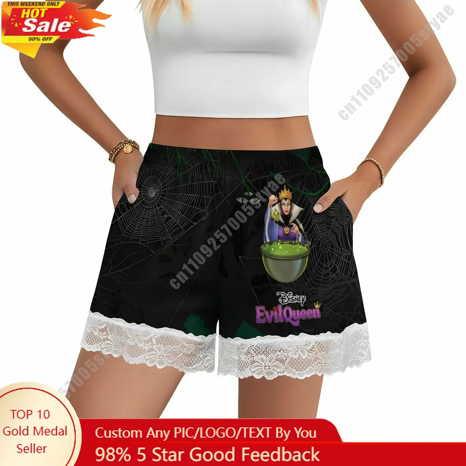 

The Evil Queen Short Pajama Pants Disney Cartoon Women Summer Lace Trim Thin Panties Custom Loose Home Casual Shorts