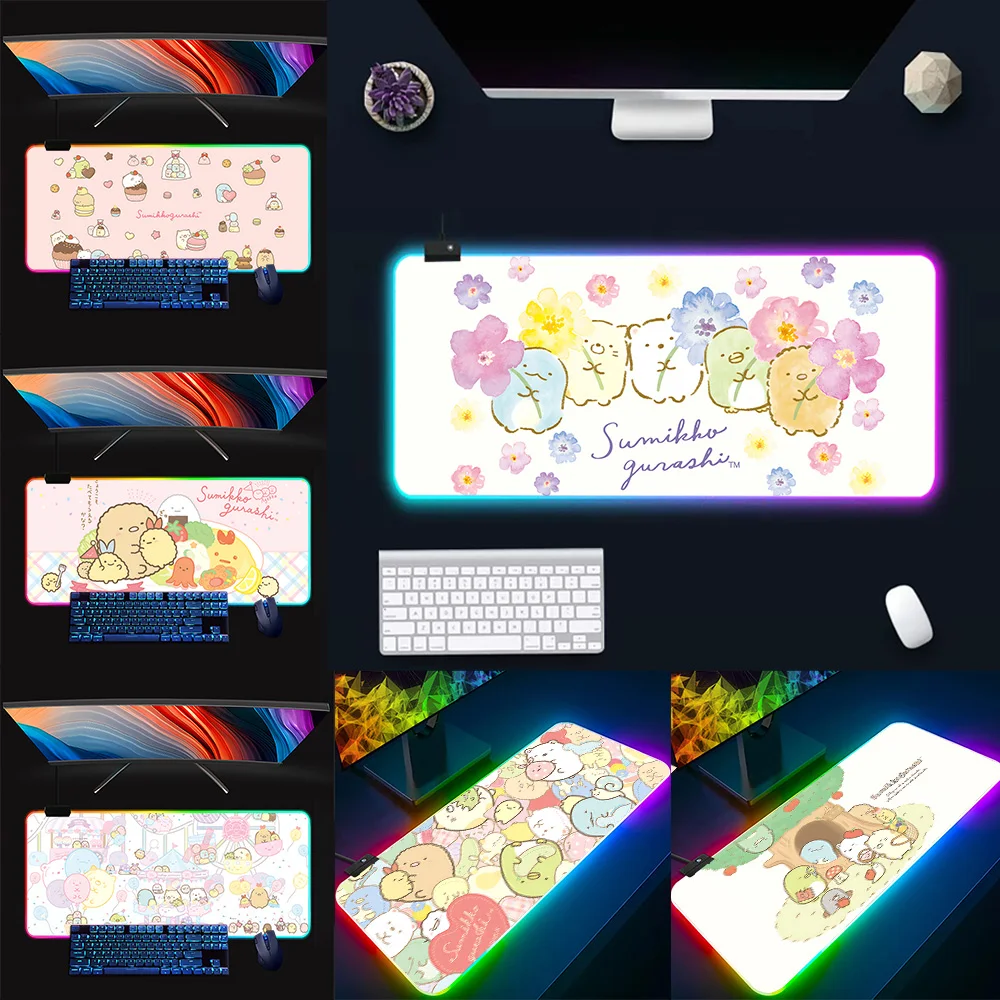 Kawaii Cartoon Pink Sumikko Gurashi RGB Pc  Keyboard Mouse Pad Mousepad LED Glowing Mouse Mats Rubber Gaming Computer Mausepad