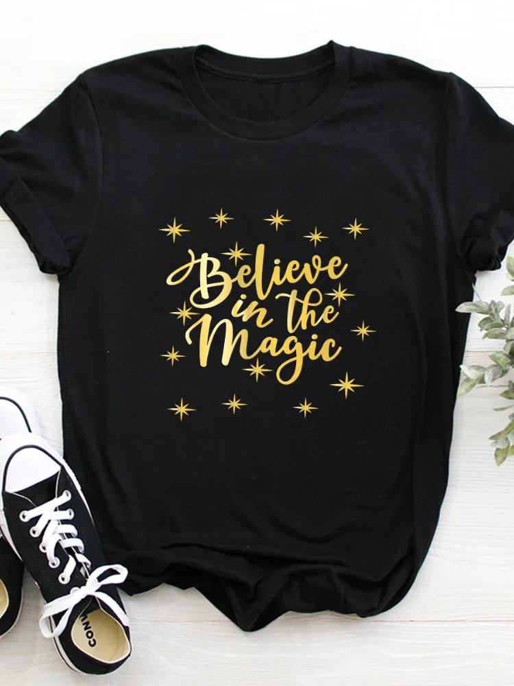 Believe In The Magic Golden Letter Print T Shirt Women Short Sleeve O Neck Loose Tshirt Women Causal Tee Shirt Tops Mujer