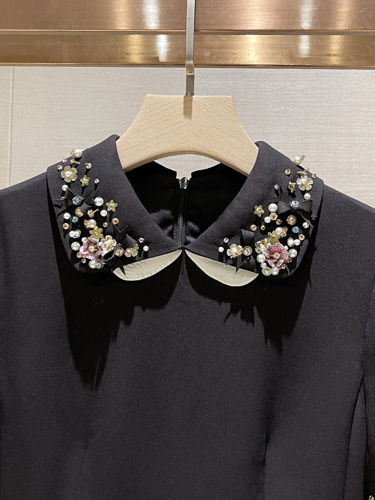 Ele Bla ort Sve col de poupée Dr décontracté été taille haute jupe trapèze trajet Sle embelli avec des perles