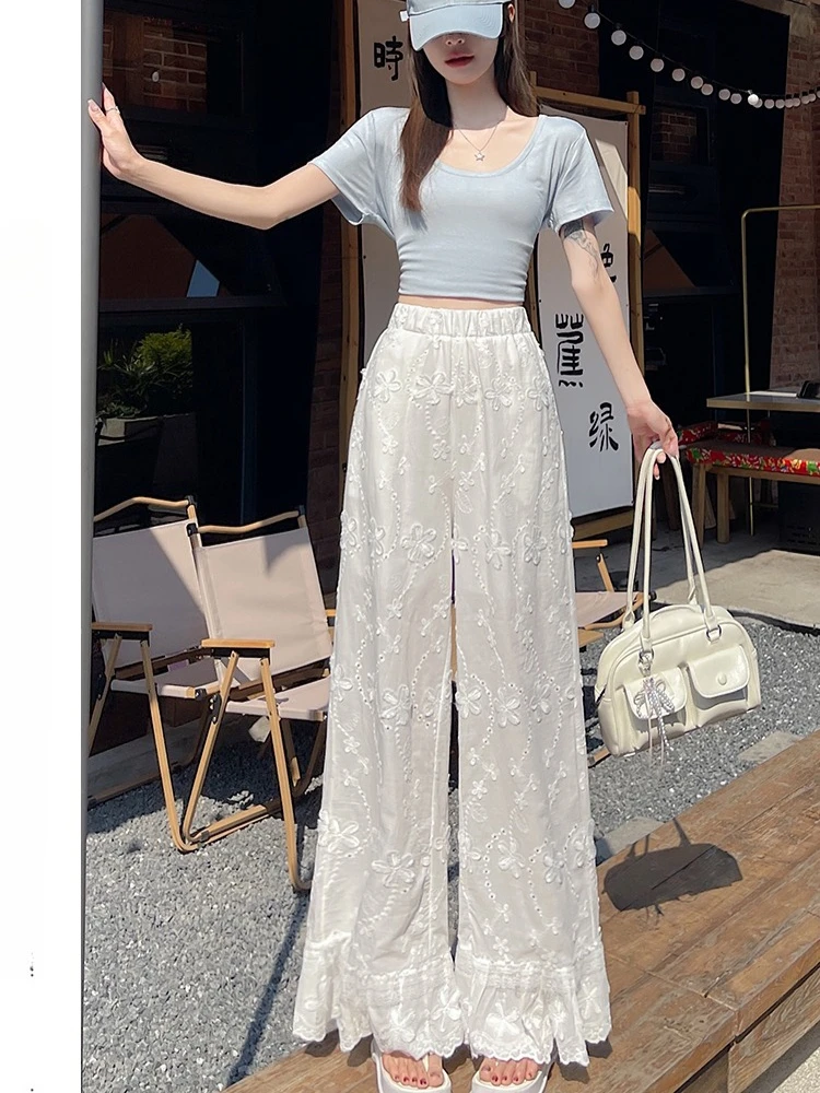 

Дизайн во французском стиле, вышитые полые кружевные повседневные широкие брюки, женские летние простые прямые брюки с рюшами по краям