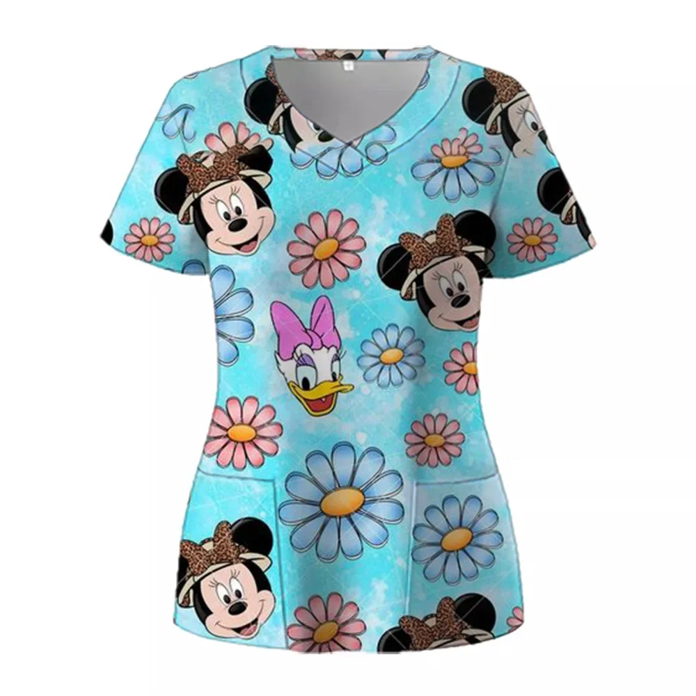 T Shirts Minnie Mouse T-shirts V Neck Woman Clothes Hospital Tops Disney Top Women 2025 Nurse Uniform T-shirt Pocket Summer Tees