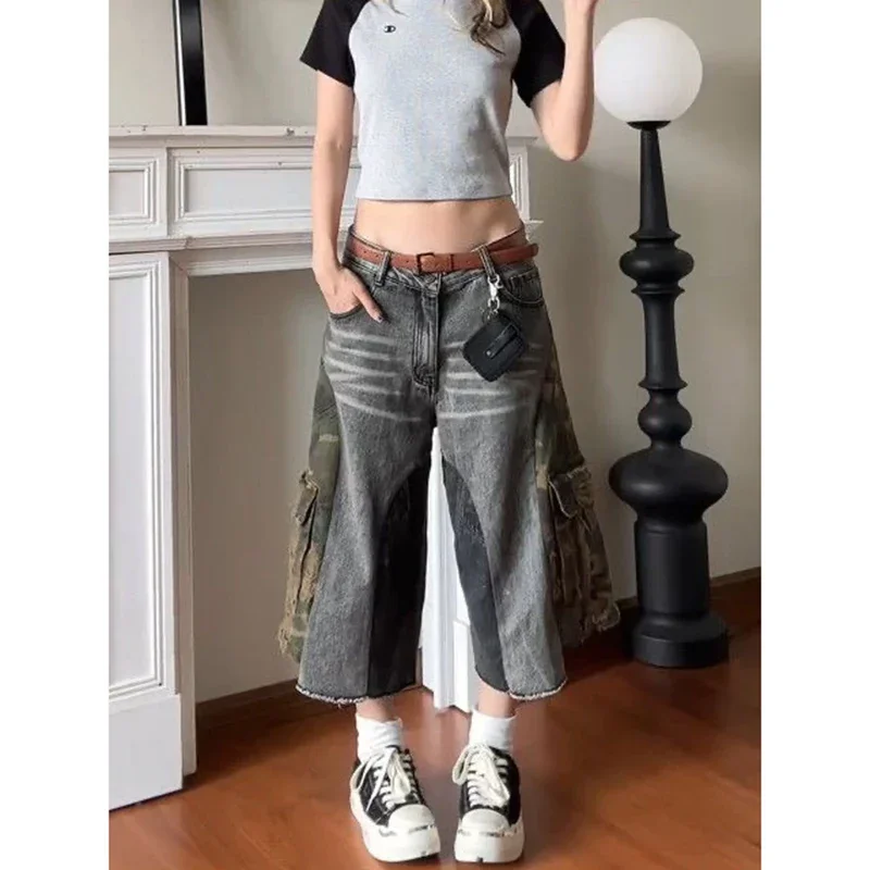 

Women Vintage Green Camouflage Jeans American Retro Y2K Straight Streetwear Wide Leg Denim Shorts High Waist Female Summer Pants