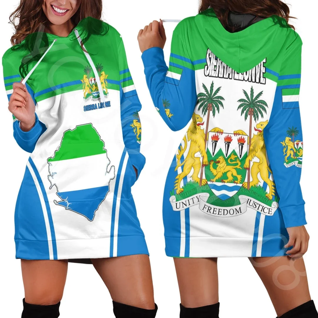 Autumn Winter Africa Zone Women's Clothing Hoodie Print Street Sweat Dress - Sierra Leone Active Flag Hoodie Dress