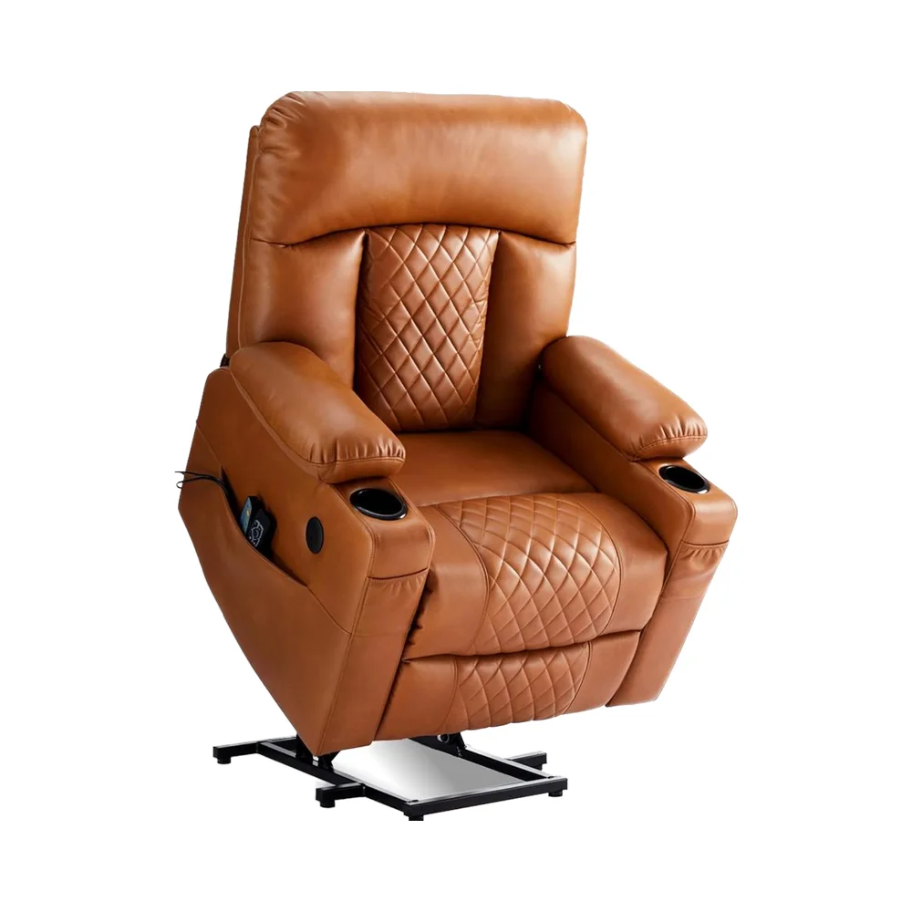 

Factory Direct Eiayeebil Light Brown Leather Recliner Chair Dual Motor Heat Massage USB Type C Ports Infinite Position Lift