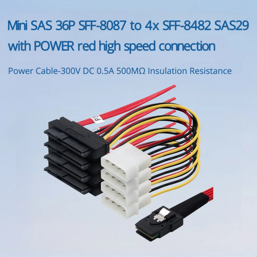 

Mini SAS 36P SFF-8087–4x SFF-8482 SAS29 с силовым красным высокоскоростным соединением Кабель питания-300 В постоянного тока 500 МОм Сопротивление изоляции