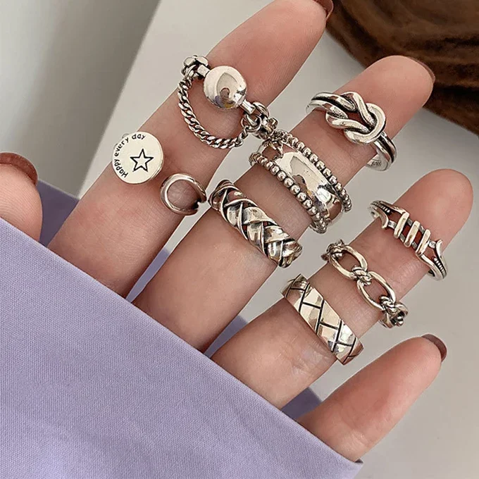 MEETSOFT 925 Silver Geometric Heart Lines Chians Cross Rezisable Rings for Fashion Women Fine Jewelry Minimalist Accessories