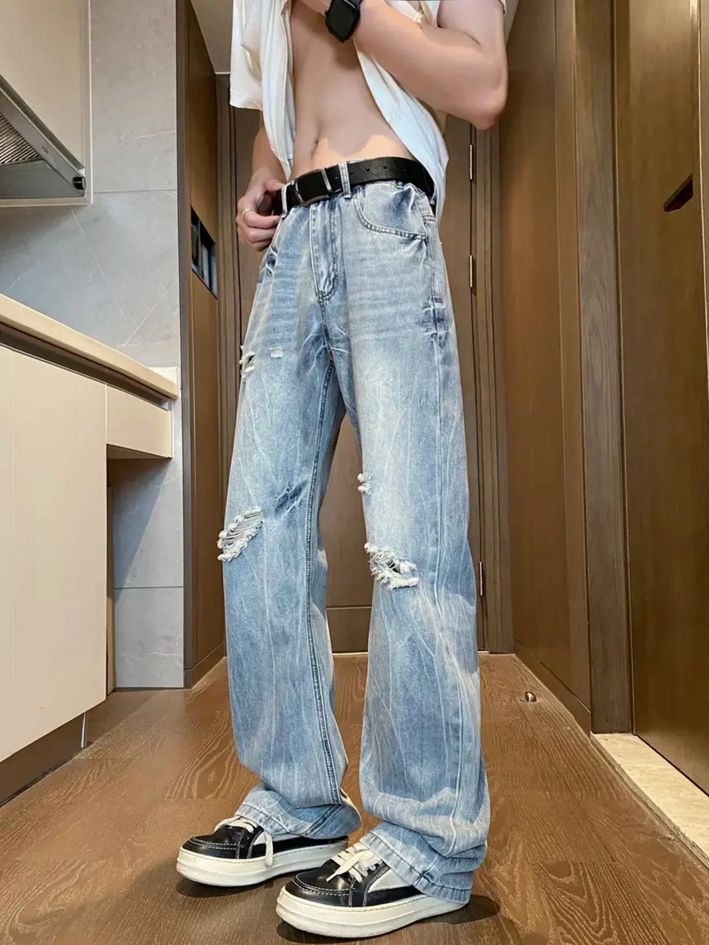 

American High Street Sle Men's Jeans Cleanfit Spring Straight Leg Slimming Versatile Long Pants Faded Cotton Polyester Blend