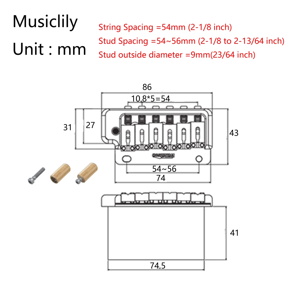 Wilkinson WVP2-SB 54mm 2-Point Stainless Steel Saddles Tremolo Bridge with Full Steel Block for Japan/Korea Import Strat, Gold