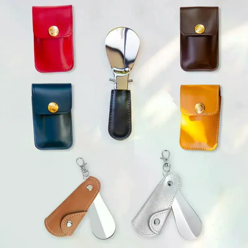 Mini Portable Folding Shoehorn With Leather Bag Stainless Steel Shoe Horn Portable Shoe Lifter Tool For Home Travel