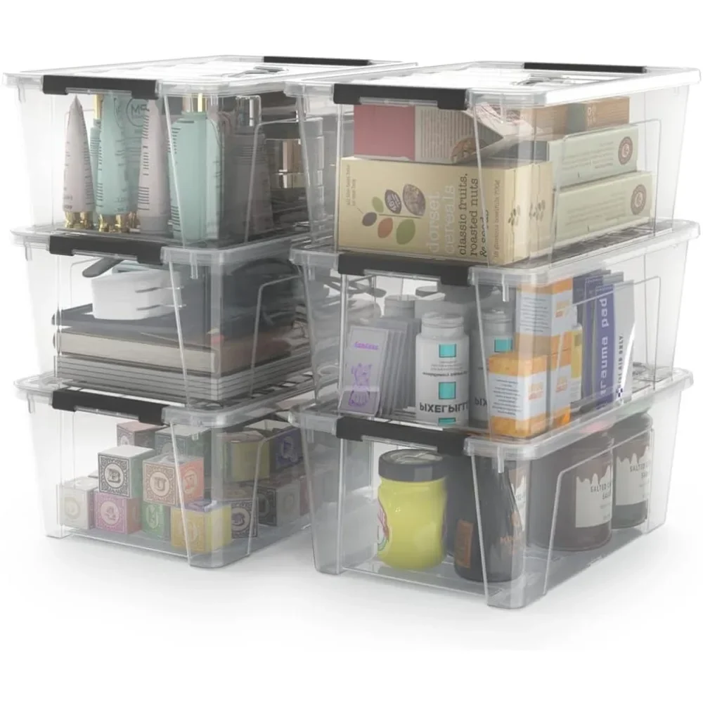 Clear Storage Latch Box, 6-Pack Storage Box with Handle and Lid, 11 x 7.7 x 4.6 inches, Stackable, Durable, Lightweight