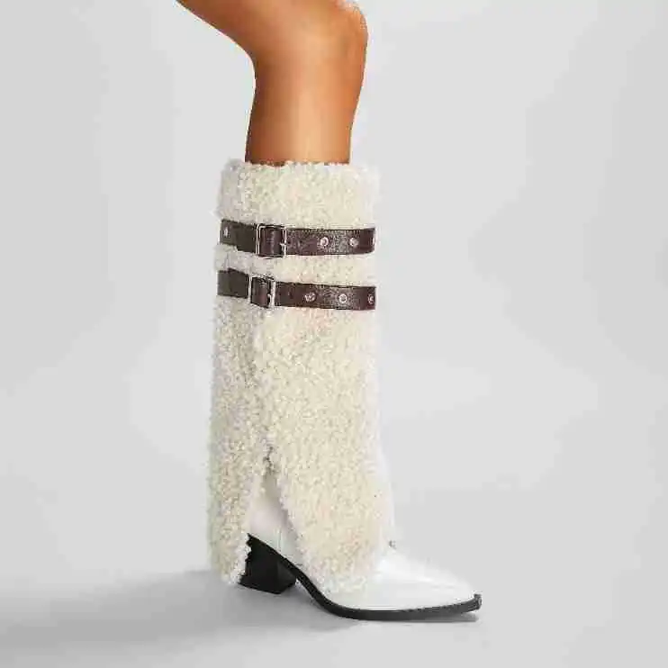 

Pointed Toe Block-Heel Knee-High Boots Large Size Lambswool Catwalk Botines Slip-On Skirt-Hem Trouser Botas Femininas