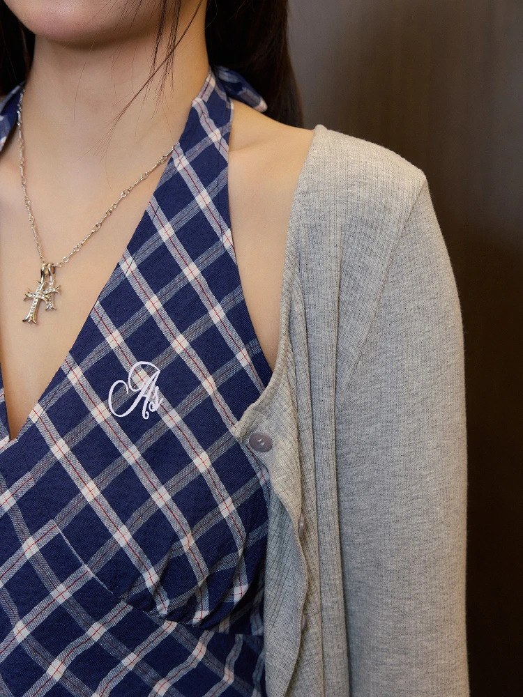 Falda de cintura alta estilo coreano para mujer, talla grande, a cuadros, vintage, adelgazante, de manga larga, estilo A-Line, para ir al trabajo