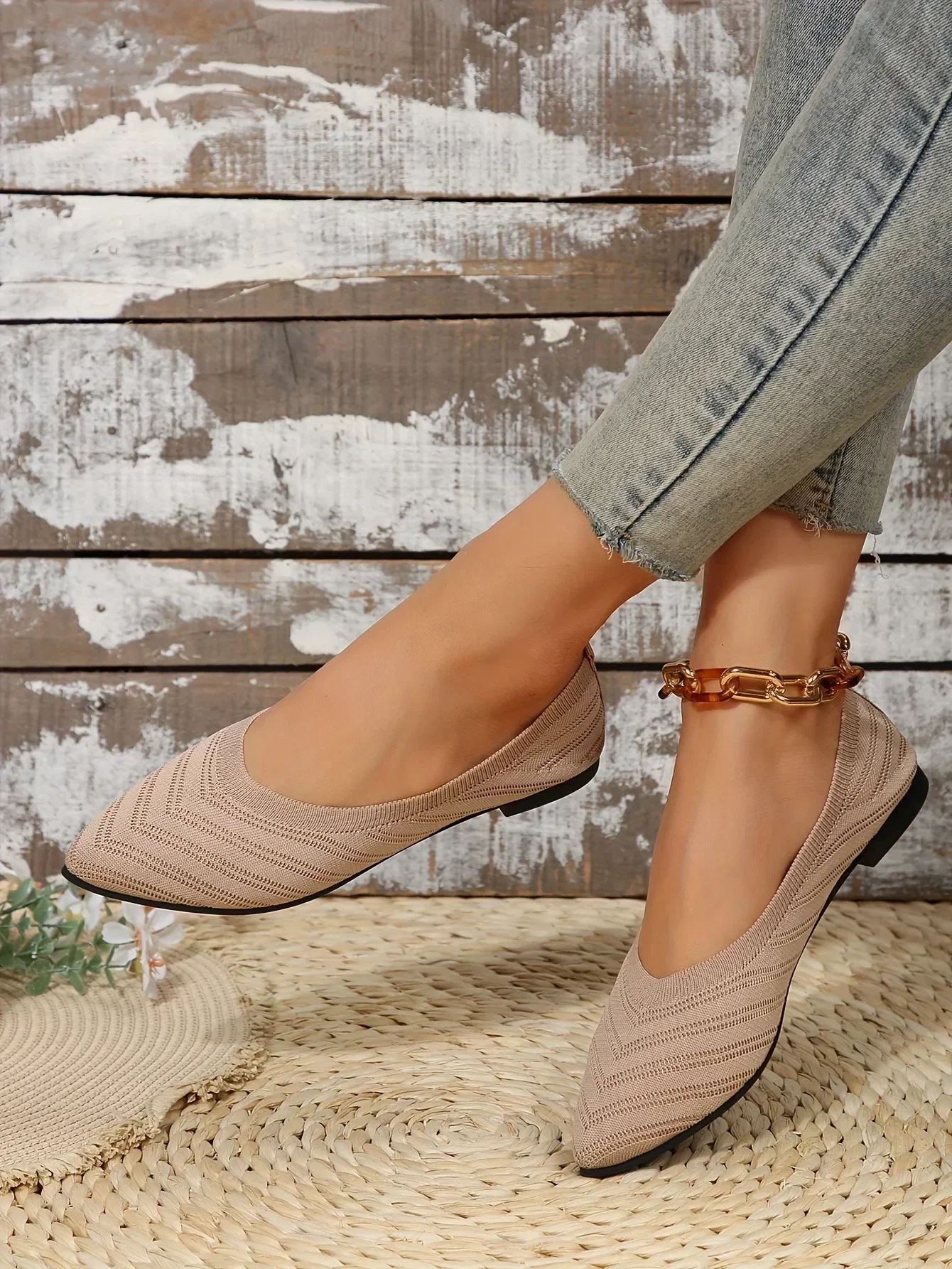 

Casual Ballet Flats Women Loafers Zapatos De Mujer New 2026 Pointed Toe Flat Office Boat Solid Color Knitted Slip on Shoes
