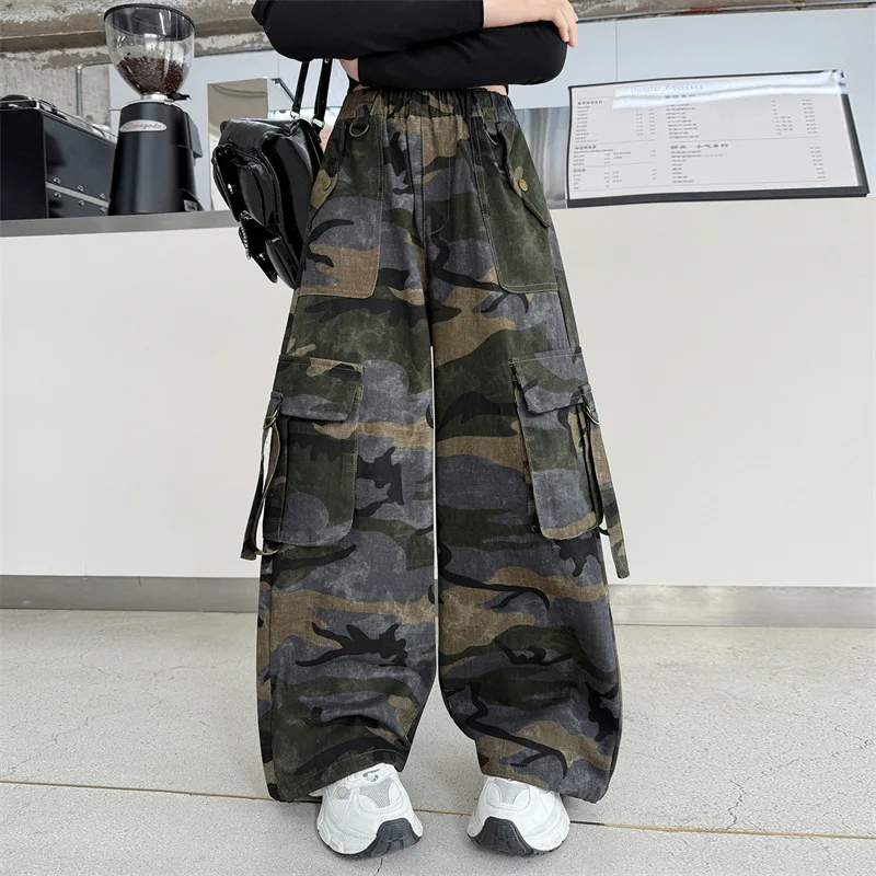 

Junior Girls Autumn Cargo Pant Korean Drawing Pocket Children Girls Trouser Elastic Waist Full Length Teenager Girls Pant