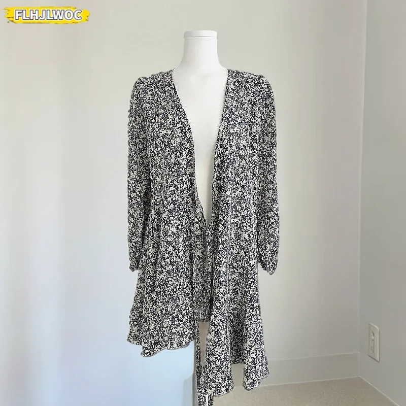 قطعة واحدة التفاف فساتين جديدة 2025 امرأة لطيف الفتيات الربيع الصيف طويلة الأكمام الأزهار طباعة ريترو خمر الدانتيل متابعة ربطة القوس فيونكة فستان قصير