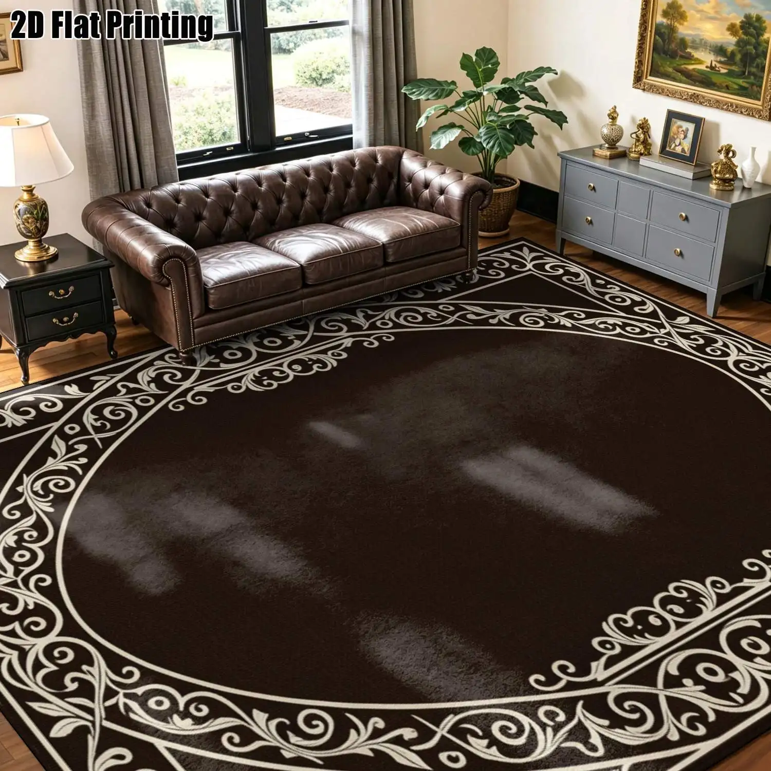 1Pc 2D Printed Retro Scroll Flower Carpet, Deep Brown & Beige, Modern Minimalist, Machine Washable, Multi-Size, Home Decor Mat for Entrance/Dining/Living/Bedroom Etc