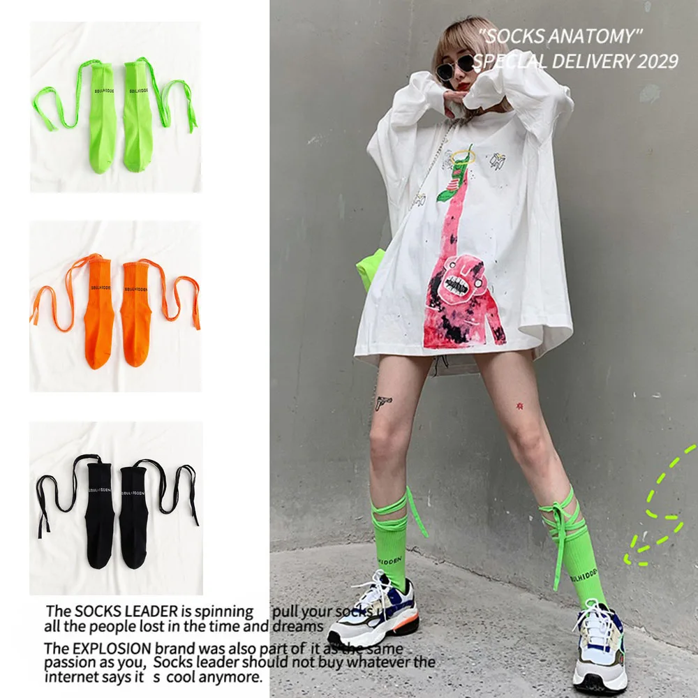 Fashion Punk Cool Socks Street Hip Hop Fluorescence Yellow Unisex Women Men Ribbon Long Socks Cotton Funny Socks Bow Ribbon Sock