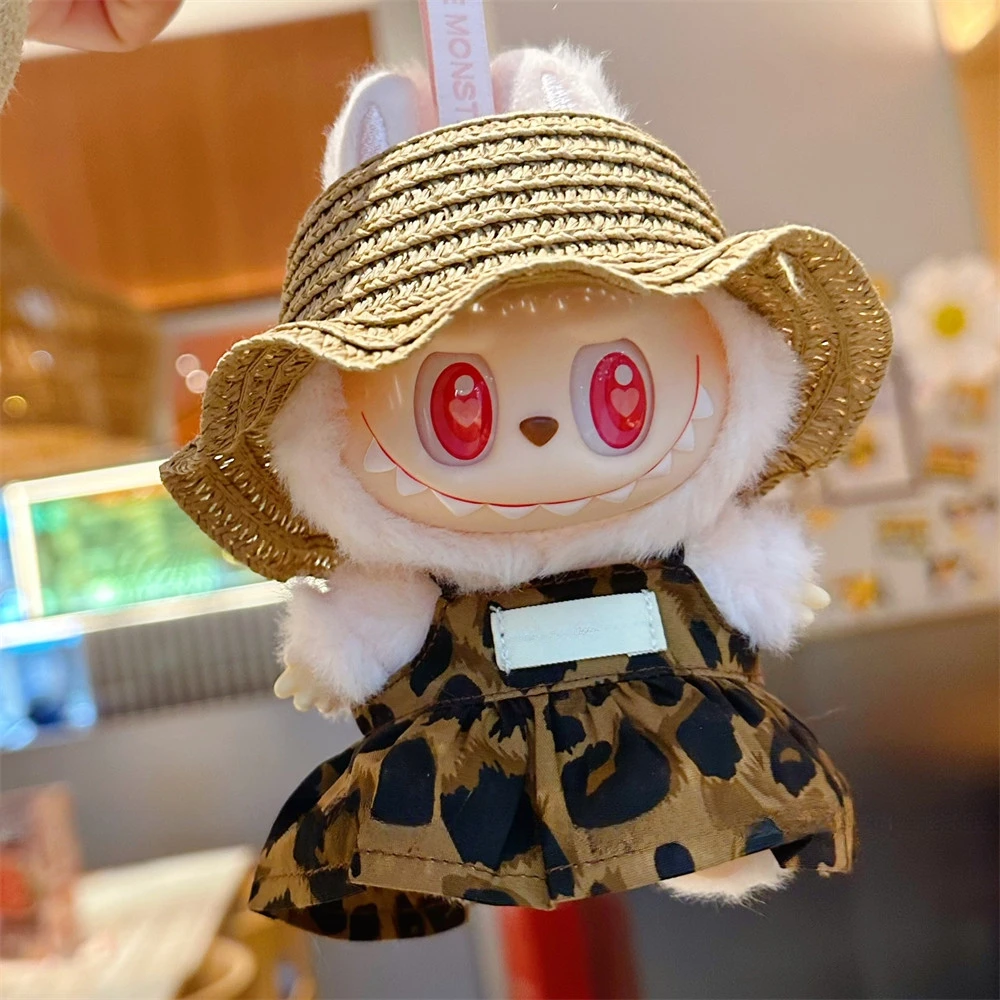 (Cloth Only) 17cm Labubu the Monster Pendant Doll Leopard Print Dress Fashion Outfit for Ropa Labubu Doll Clothes Suit