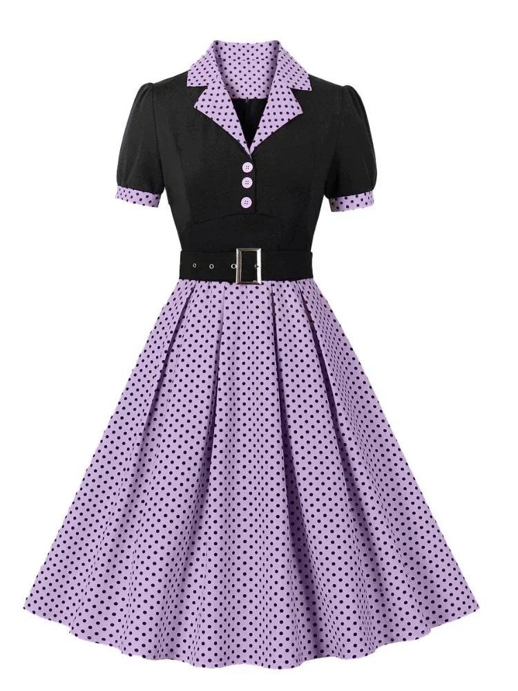 Robe plissée Vintage à pois, nouvelle mode, rétro, col cranté, élégante, manches courtes, ceinturée, années 1950 et 60, été, 202