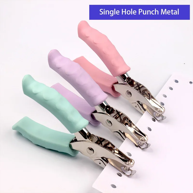 A metal, single-hole handheld punch. Ideal for paper, scrapbooking, and various craft projects. It can cleanly punch through 1 t